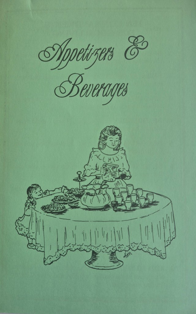 Appetizers and beverages artwork. A woman in a dress fills glasses on a table. A little girl peeks over the table with a hand over some appetizers. By Kathy McGill.