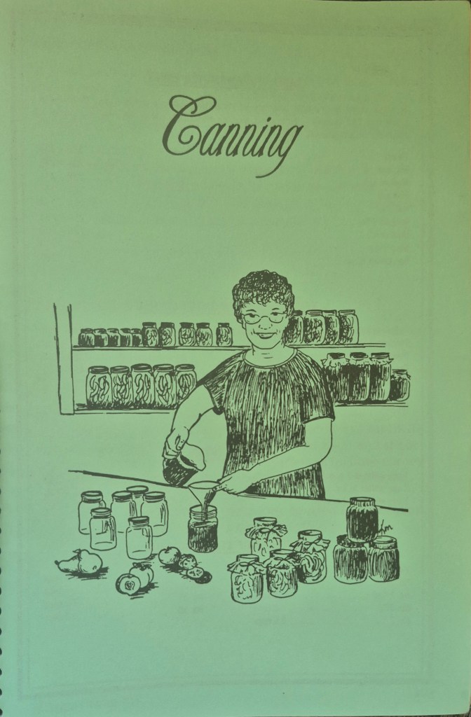 Canning artwork. An older woman is canning on her counter. There are jars of pickles. By Kathy McGill.
