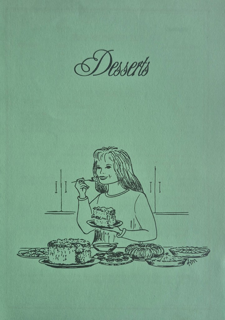 Desserts artwork. A woman holds a piece of cake on her fork close to her mouth. There are cakes and desserts on the table in front of her. By Kathy McGill.