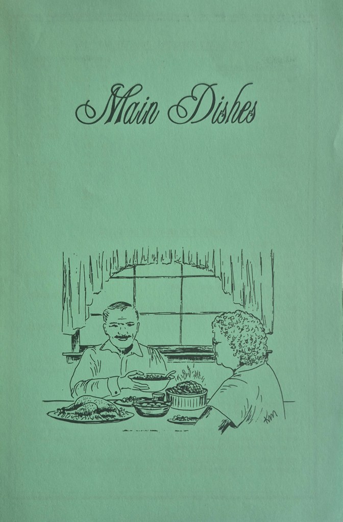 Main dishes artwork. A man passes a bowl of food to his wife across their dinner table. A bird and roast are on the table. By Kathy McGill.