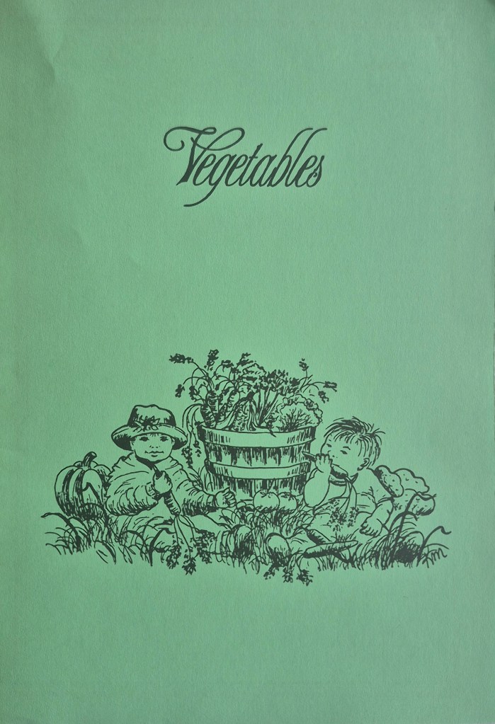 Vegetables artwork. Two children sit on the ground with a basket of vegetables put between them. By Kathy McGill.